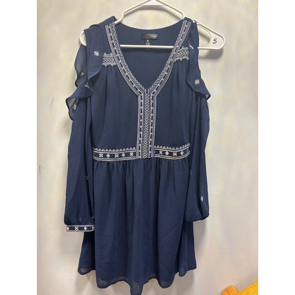 Aqua Mini Dress Womens XS Navy Blue Cold Shoulder Embroidered Boho
